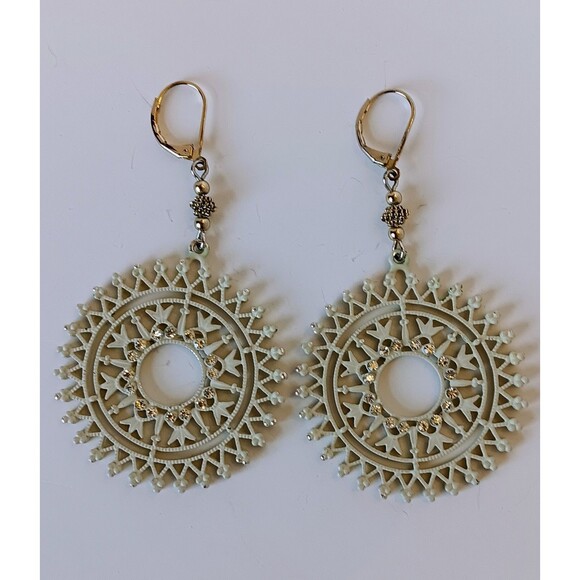 Handmade Enameled Goldtone Crystal Filagree Sunburst Statement Earrings 3 in - Picture 6 of 11